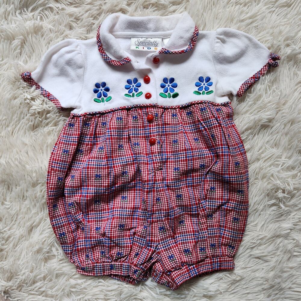 Infant Girls Romper 6-9mos Red White Plaid Short Sleeves Cotton Vintage
